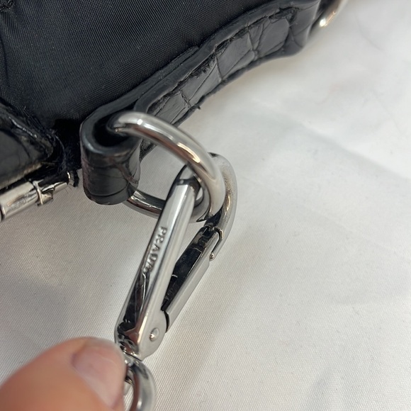 PRADA BLACK NYLON JACQUARD CROCODILE TRIM LARGE SHOPPING SHOULDER BAG - Picture 16 of 16